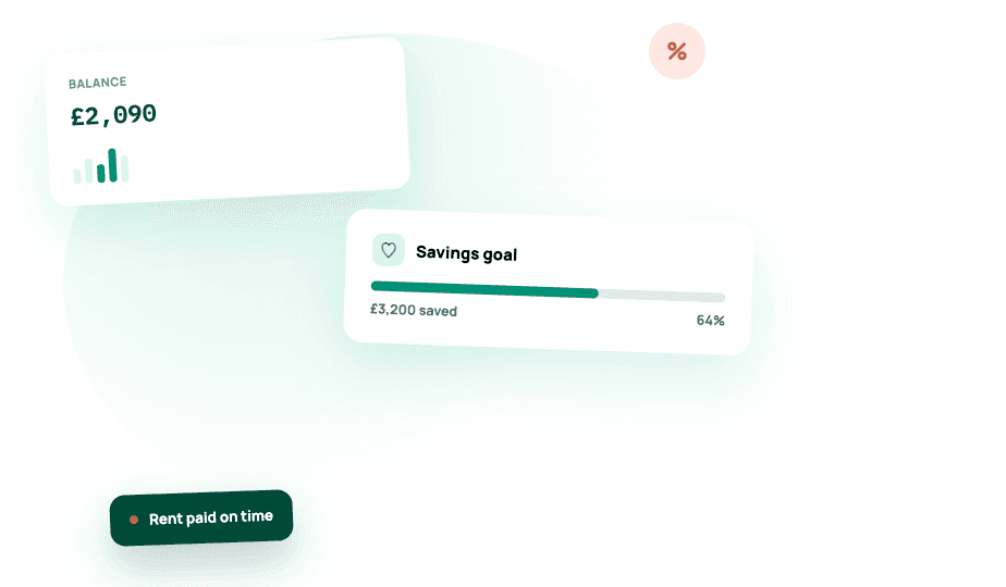 Floating MySpendy cards showing account balance and savings goal progress